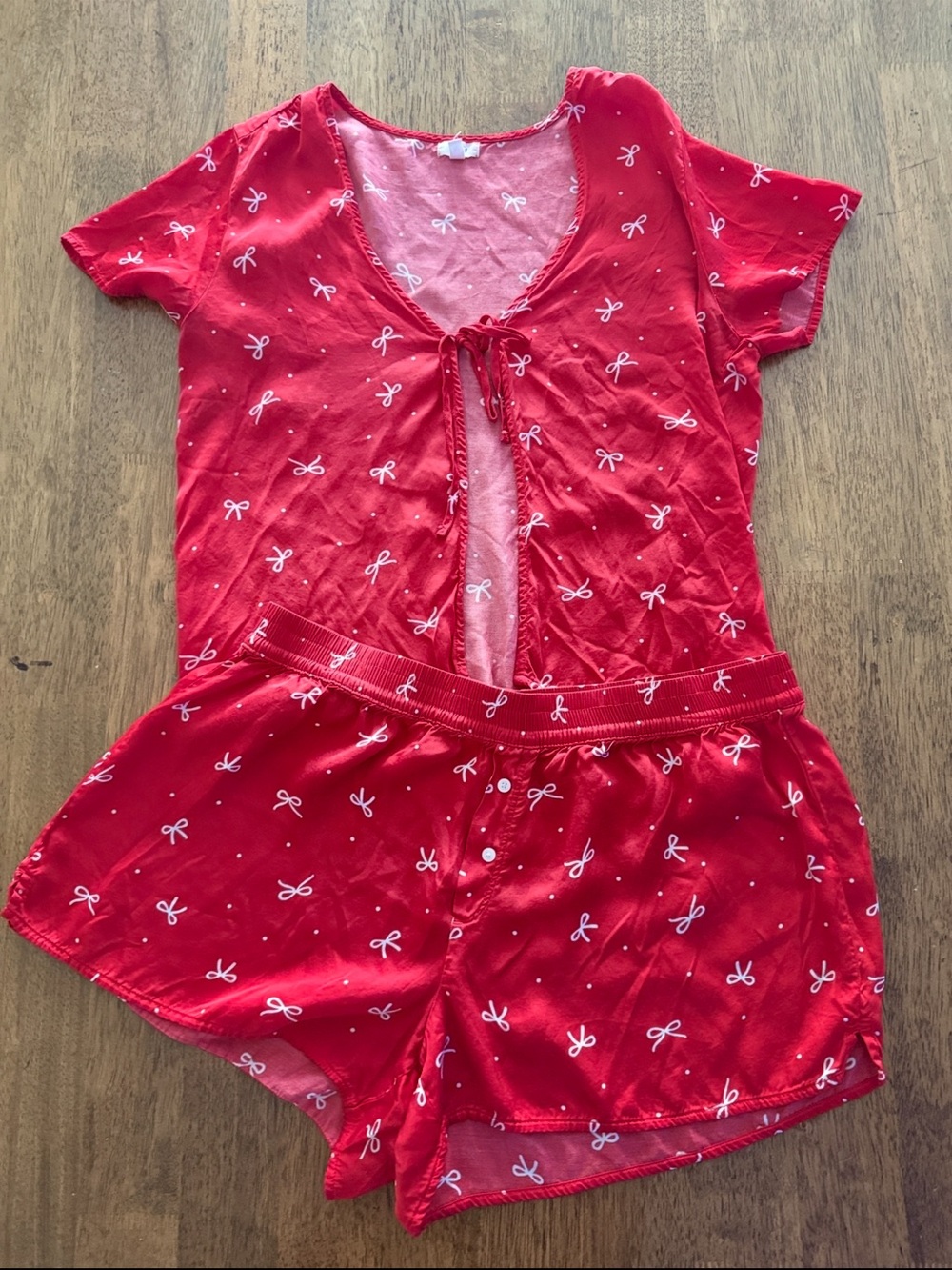 aerie Red Short Pajama Set with White Bow Print medium
